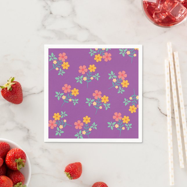 Retro Daisy Bouquet Pattern in Purple  Napkins (Insitu)