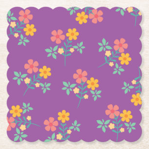 Retro Daisy Bouquet Pattern in Purple Paper Coaster