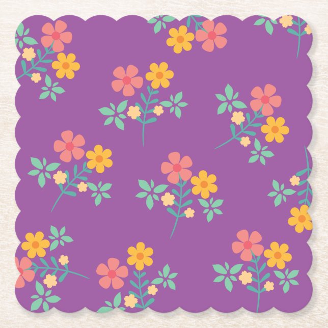 Retro Daisy Bouquet Pattern in Purple  Paper Coaster (Front)