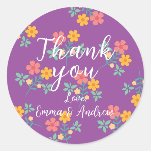 Retro Daisy Bouquet Pattern in Purple Thank You Classic Round Sticker