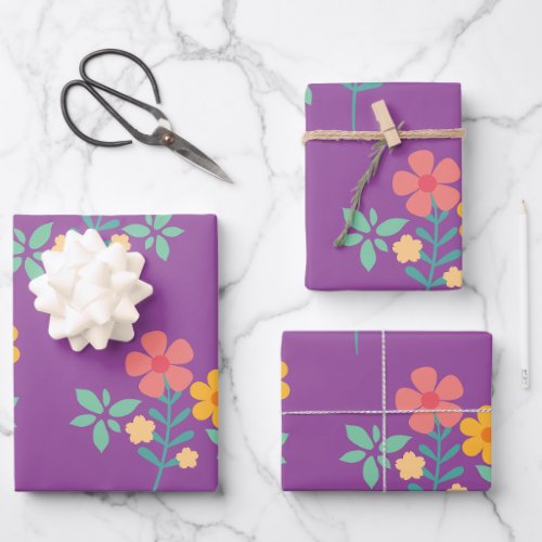 Retro Daisy Bouquet Pattern in Purple Wrapping Paper Sheets