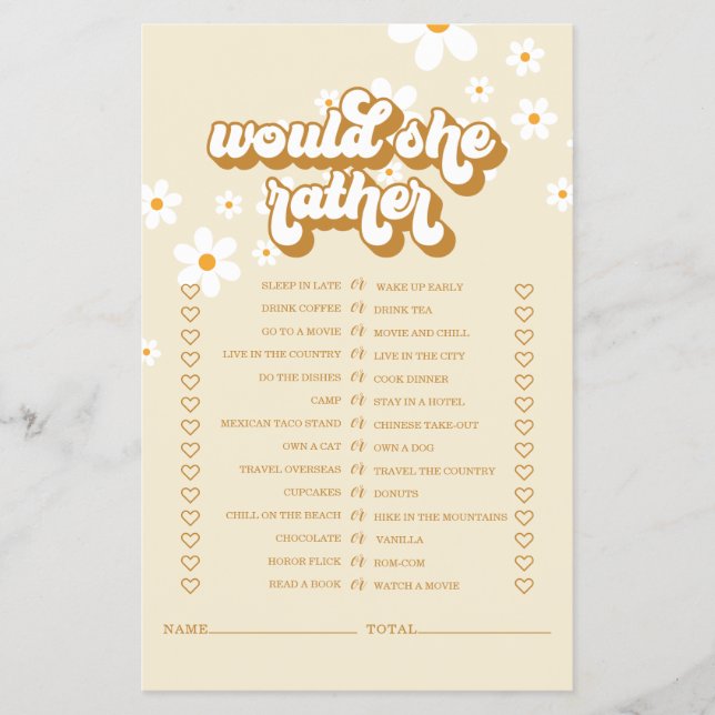 Retro Daisy bridal shower Game Flyer (Front)