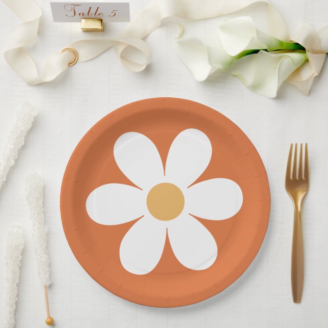 Retro daisy burnt orange boho paper plates (Wedding)