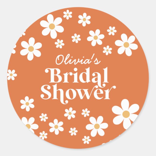 Retro Daisy burnt orange bridal shower Classic Round Sticker (Front)