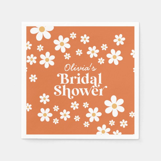 Retro Daisy burnt orange bridal shower Napkins (Front)