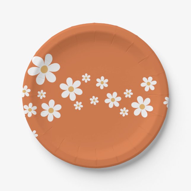 Retro Daisy burnt orange bridal shower Paper Plates (Front)