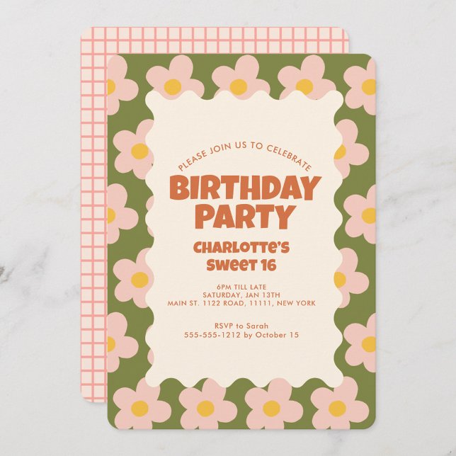 Retro Daisy Checker Sweet 16 Birthday Party  Invitation (Creator Uploaded)