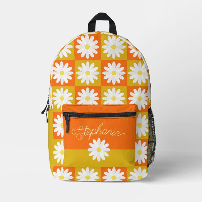 Retro Daisy Custom Name Groovy Checkerboard Printed Backpack (Front)