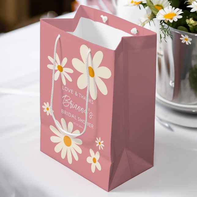 Retro daisy desert pink bridal shower favor custom medium gift bag (Burgundy roses sunflowers bridal party gifts seltzer can cooler)