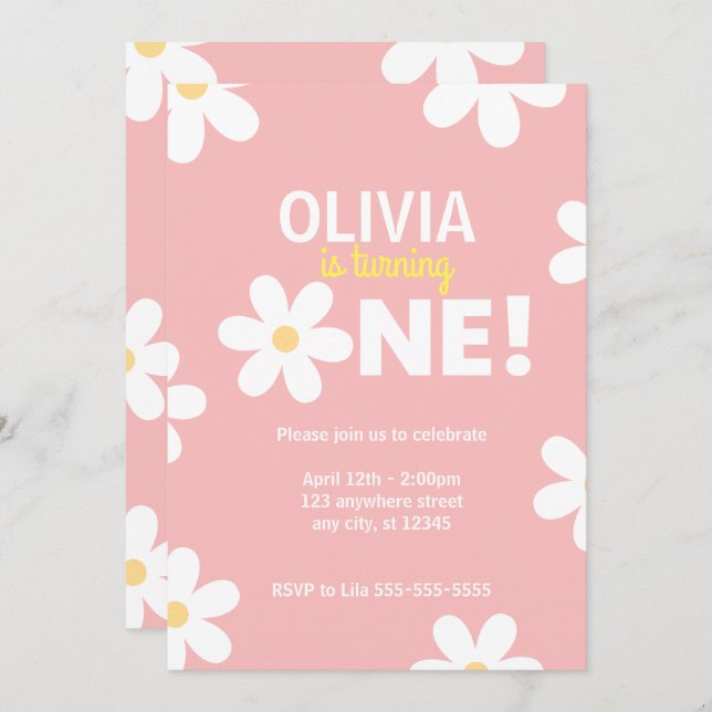 Retro Daisy First Birthday Party Invitations (Front/Back)
