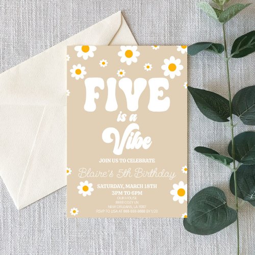 Retro Daisy Five Is A Vibe 5th Birthday Party Invitation