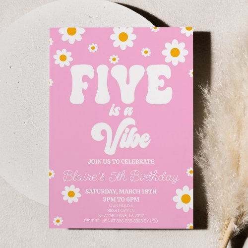 Retro Daisy Five Is A Vibe 5th Birthday Party Invitation