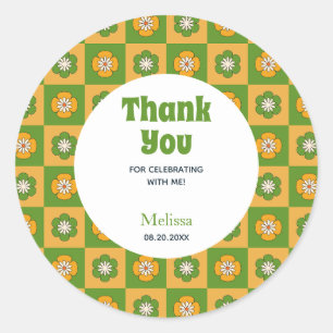 Retro Daisy Floral Checkered Green Thank You Classic Round Sticker