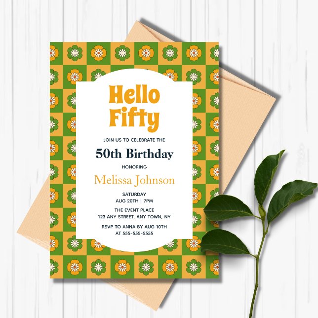 Retro Daisy Floral Checkered Hello Fifty Birthday Invitation (Creator Uploaded)