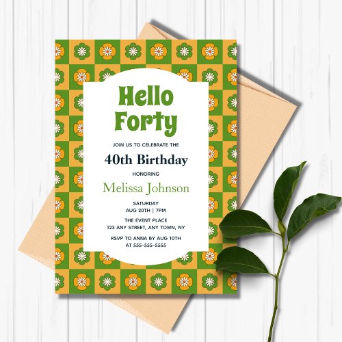 Retro Daisy Floral Checkered Hello Forty Birthday Invitation