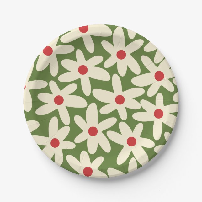 Retro Daisy Floral Christmas Pattern Paper Plates (Front)