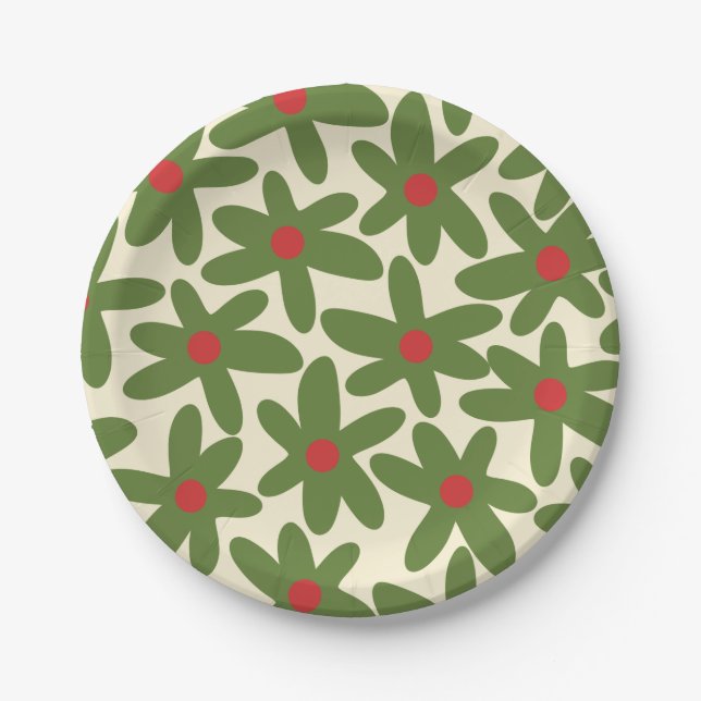 Retro Daisy Floral Christmas Xmas Pattern  Paper Plates (Front)