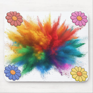 Retro Daisy Floral Colorful Powder Burst White Mouse Pad