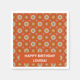 Retro Daisy Floral Orange Personalized Birthday Napkins