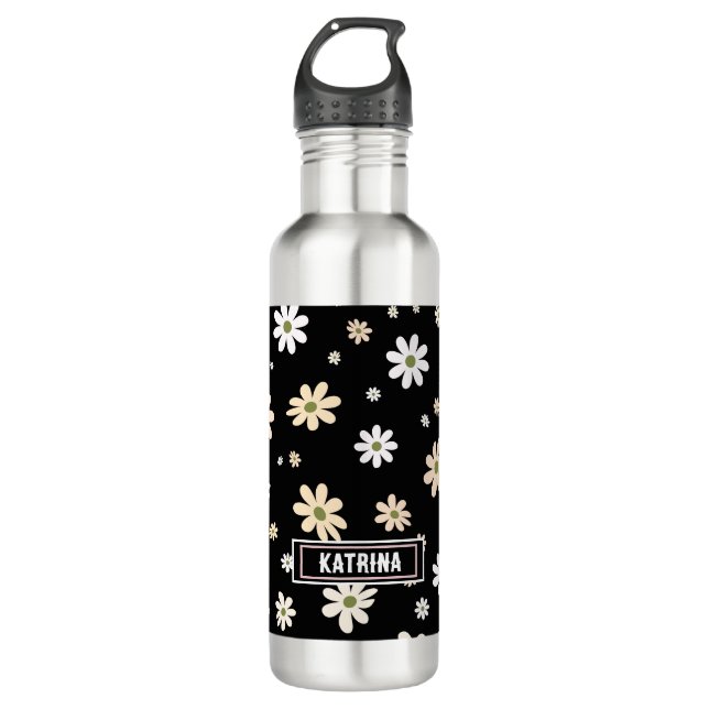 Retro Daisy Floral Pattern Boho Personalized Black Stainless Steel Water Bottle (Front)