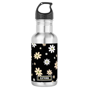 Retro Daisy Floral Pattern Boho Personalized Black Stainless Steel Water Bottle