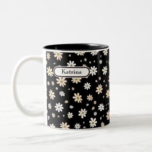 Retro Daisy Floral Pattern Boho Personalized Black Two_Tone Coffee Mug