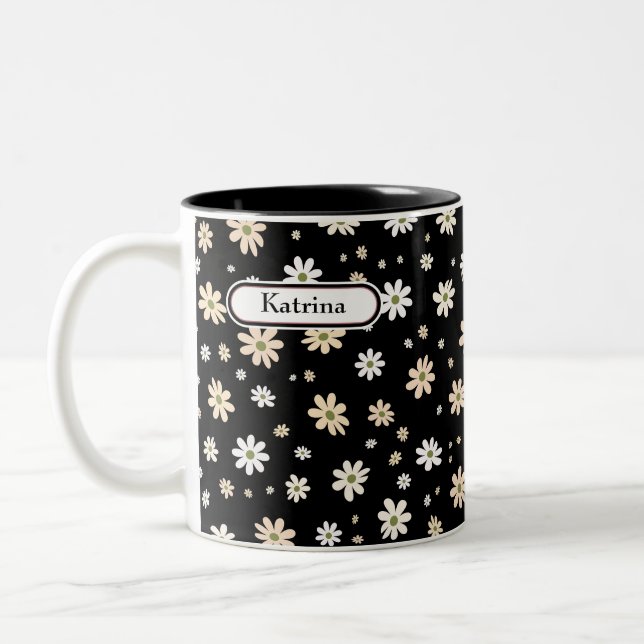 Retro Daisy Floral Pattern Boho Personalized Black Two-Tone Coffee Mug (Left)
