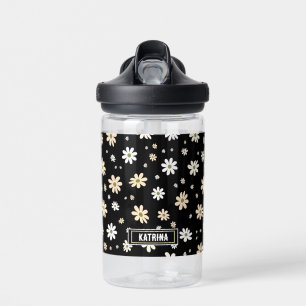 Retro Daisy Floral Pattern Boho Personalized Black Water Bottle