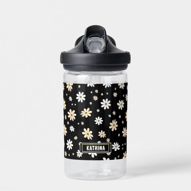 Retro Daisy Floral Pattern Boho Personalized Black Water Bottle (Front)