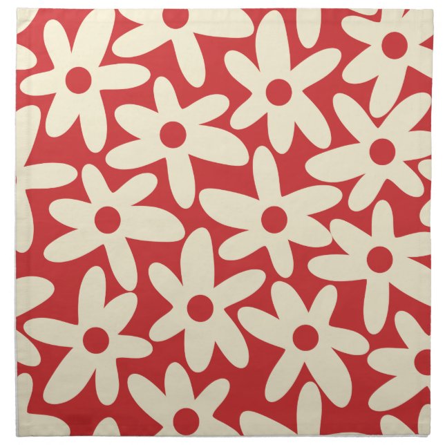 Retro Daisy Floral Pattern in Red and Cream Cloth Napkin (Front)