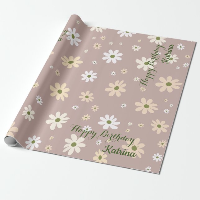 Retro Daisy Floral Pattern  Personalized Birthday Wrapping Paper (Unrolled)
