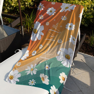 Retro Daisy Floral Rainbow Monogram Beach Towel