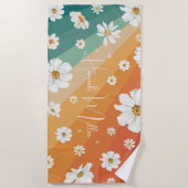 Retro Daisy Floral Rainbow Monogram Beach Towel (Front)