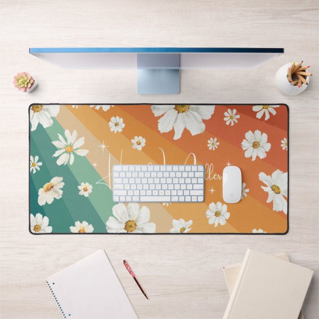 Retro Daisy Floral Rainbow Monogram Desk Mat (Office 1)