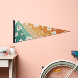 Retro Daisy Floral Rainbow Monogram Pennant Flag