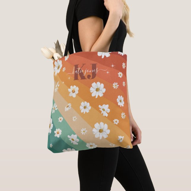 Retro Daisy Floral Rainbow Monogram Tote Bag (Close Up)
