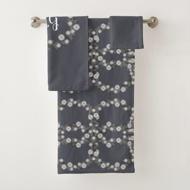Retro Daisy Floral with Monogram Towel Set in Gray (Insitu)