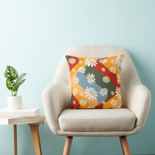 Retro Daisy Flower Bold Stripes    Throw Pillow