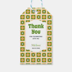 Retro Daisy Flower Checkered Green Thank You Gift Tags