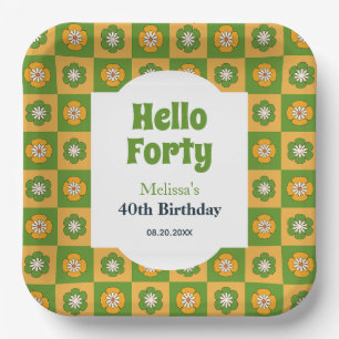 Retro Daisy Flower Checkered Hello Forty Birthday Paper Plates