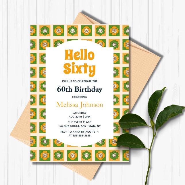 Retro Daisy Flower Checkered Hello Sixty Birthday Invitation (Creator Uploaded)