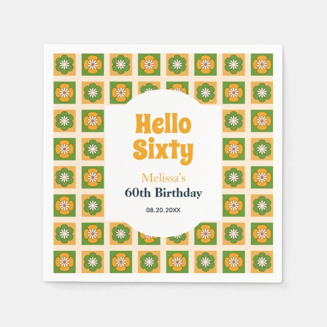 Retro Daisy Flower Checkered Hello Sixty Birthday Napkins (Front)
