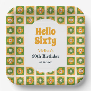 Retro Daisy Flower Checkered Hello Sixty Birthday Paper Plates
