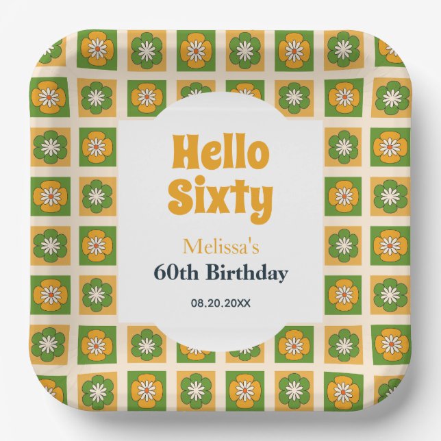 Retro Daisy Flower Checkered Hello Sixty Birthday Paper Plates (Front)