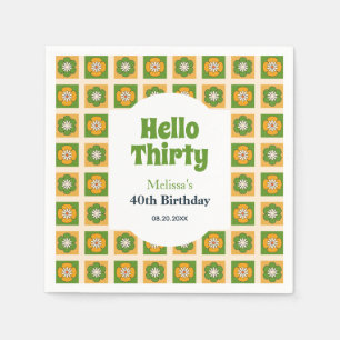 Retro Daisy Flower Checkered Hello Thirty Birthday Napkins