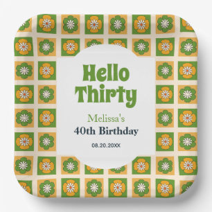 Retro Daisy Flower Checkered Hello Thirty Birthday Paper Plates
