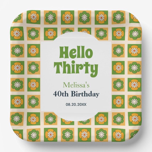 Retro Daisy Flower Checkered Hello Thirty Birthday Paper Plates (Front)