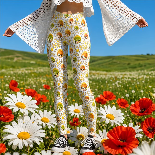 Retro Daisy Flower Cute Doll Face Summer Leggings (Creator Uploaded)