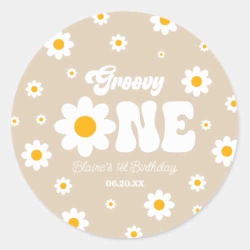 Retro Daisy Flower Groovy One 1st Birthday Party Classic Round Sticker