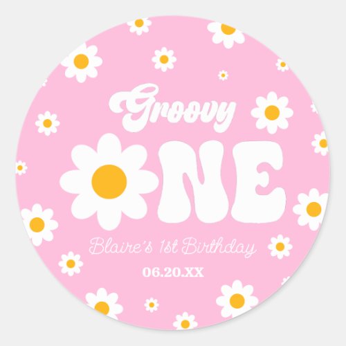 Retro Daisy Flower Groovy One 1st Birthday Party Classic Round Sticker